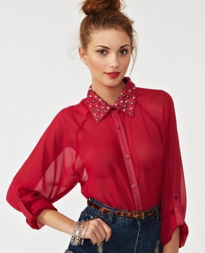 Kırmızı tül bayan gömlek modeli