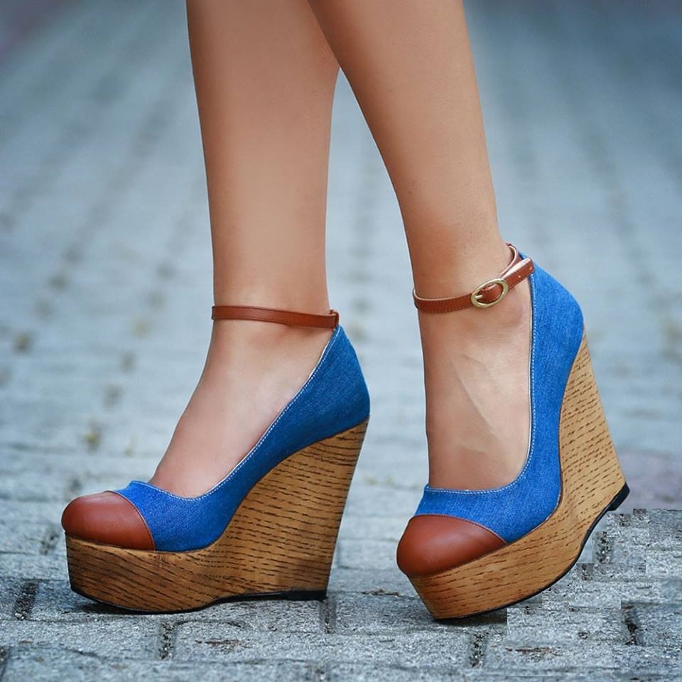 mavi kahverengi dolgu topuk ayakkabı modelleri