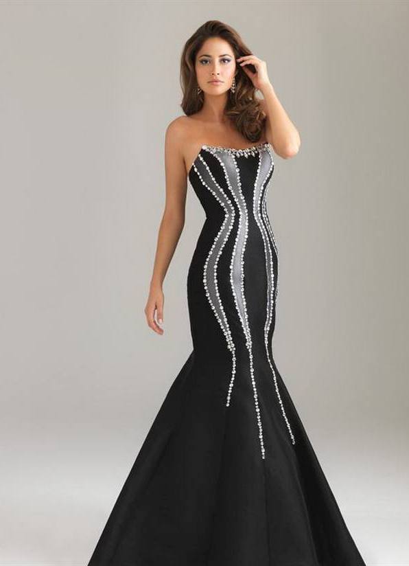 siyah balık etekli straplez gümüş işlemeli elbise