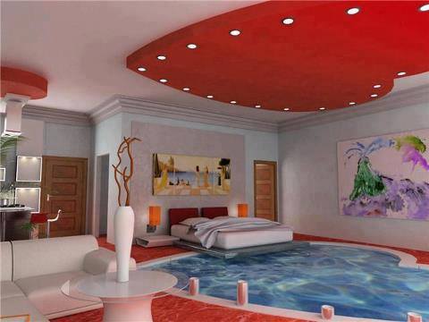 Kırmızı kalp figürlü  asma tavan yatak odası model