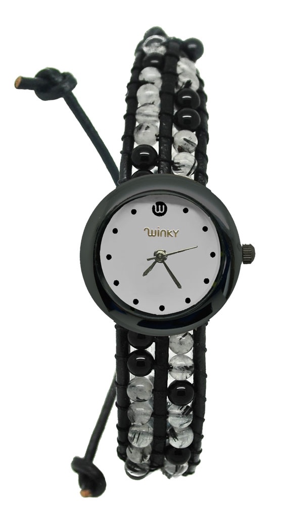 Siyah şeffaf boncuklu boncuklu taşlı saat modeli