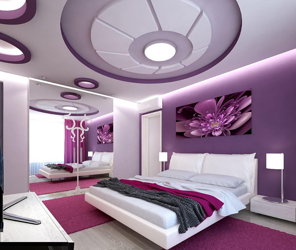 modern beyaz ve mor yatak odası çiçek detaylı yatak odaları modelleri