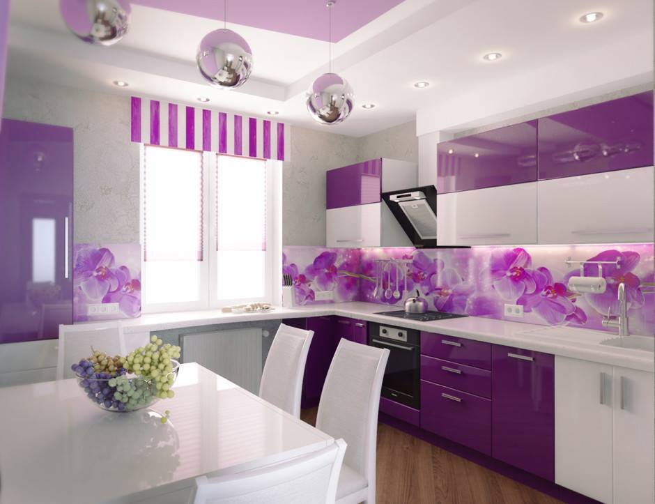 mor pembe çiçekli mutfak dekorasyonu tasarımı