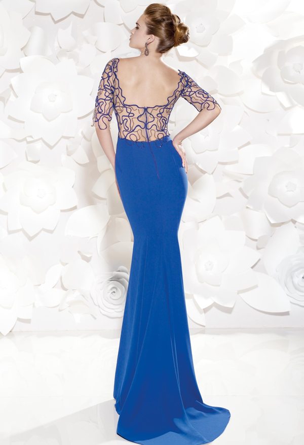 saks mavisi dantel işlemeli abiye elbise modeli