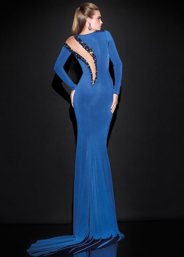 saks mavisi uzun kollu taş süslemeli şık abiye elbise modeli arkadan görünüm