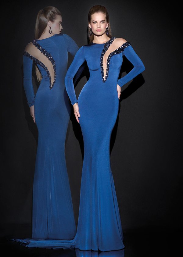 saks mavisi uzun kollu taş süslemeli şık abiye gece elbise modeli