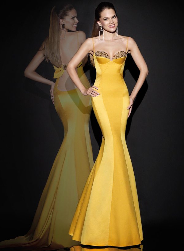 sarı tafta balık etekli sırtı fiyonk detaylı abiye elbisesi