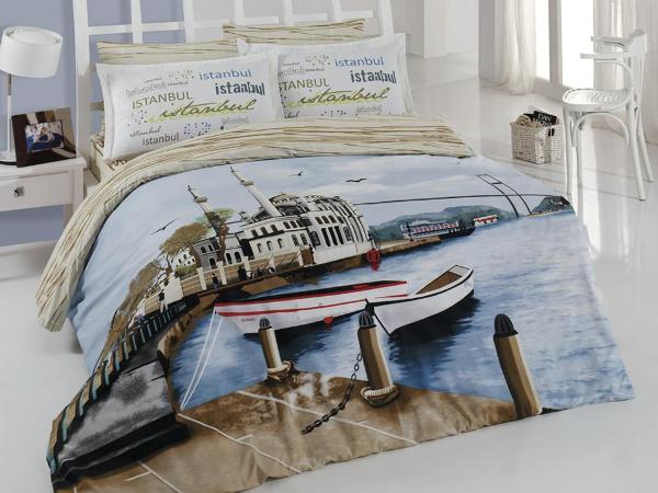 istanbul baskılı yatak örtüsü modeli