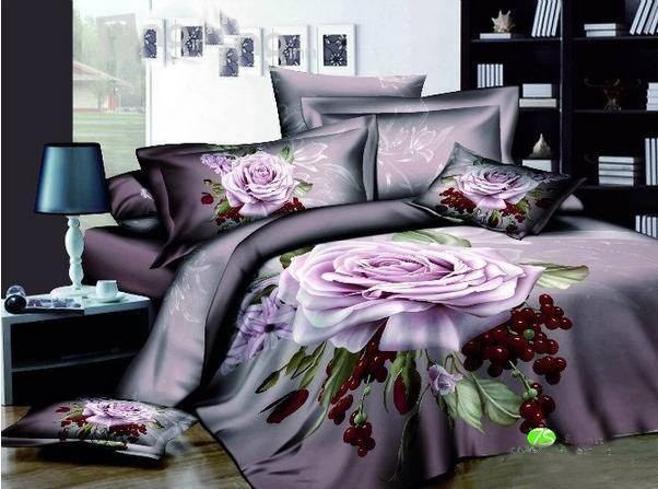 lila tonlu gül desenli yatak örtüsü takımı